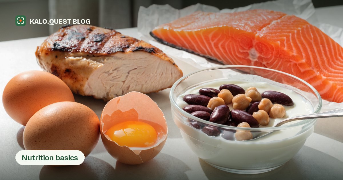 A spread of high-protein foods, eggs, chicken, salmon and yogurt, Kalo.Quest blog.