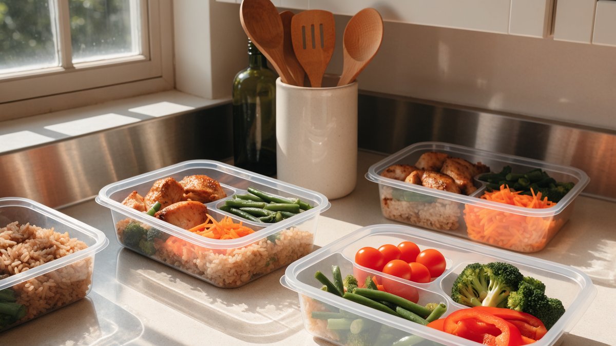 A person meal-prepping balanced healthy meals in a bright kitchen